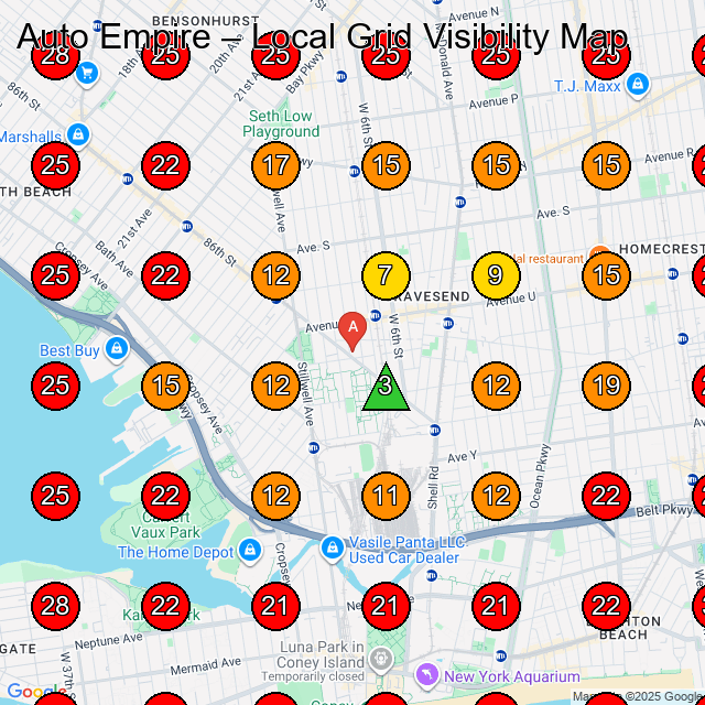 Auto Empire GeoGrid visibility map for Auto Auction in Brooklyn